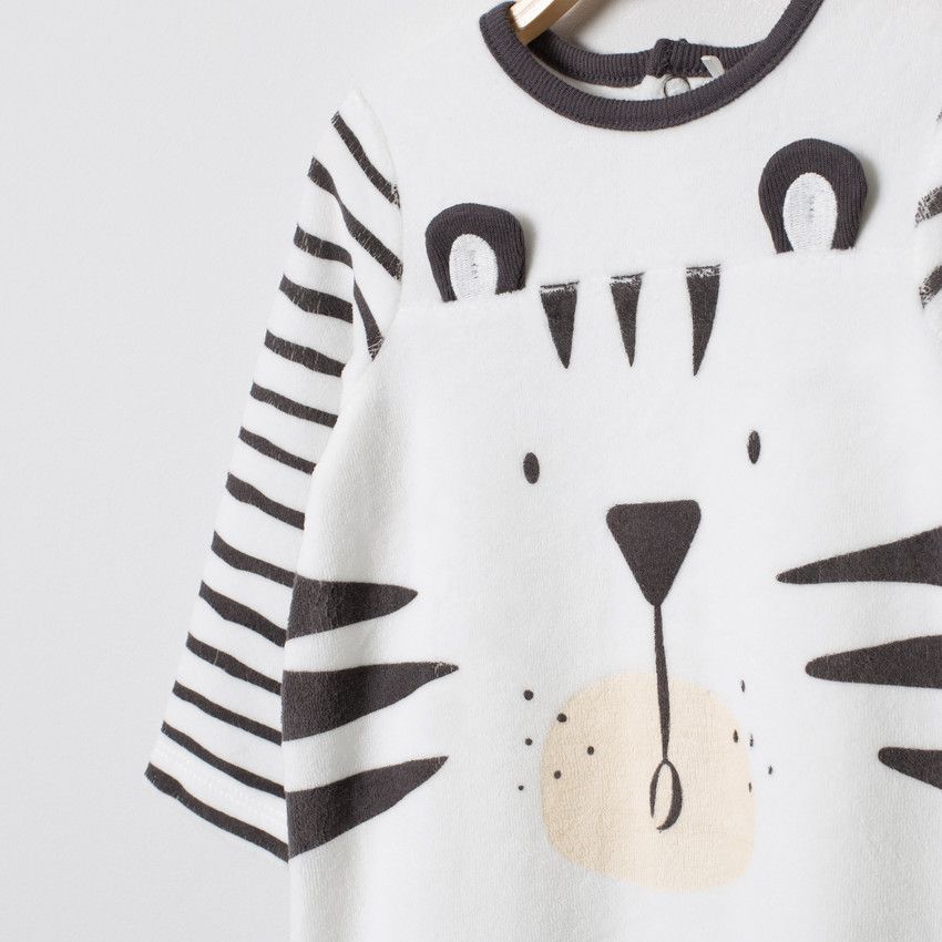 Dors-bien en velours motif tigre avec oreilles - Ecru