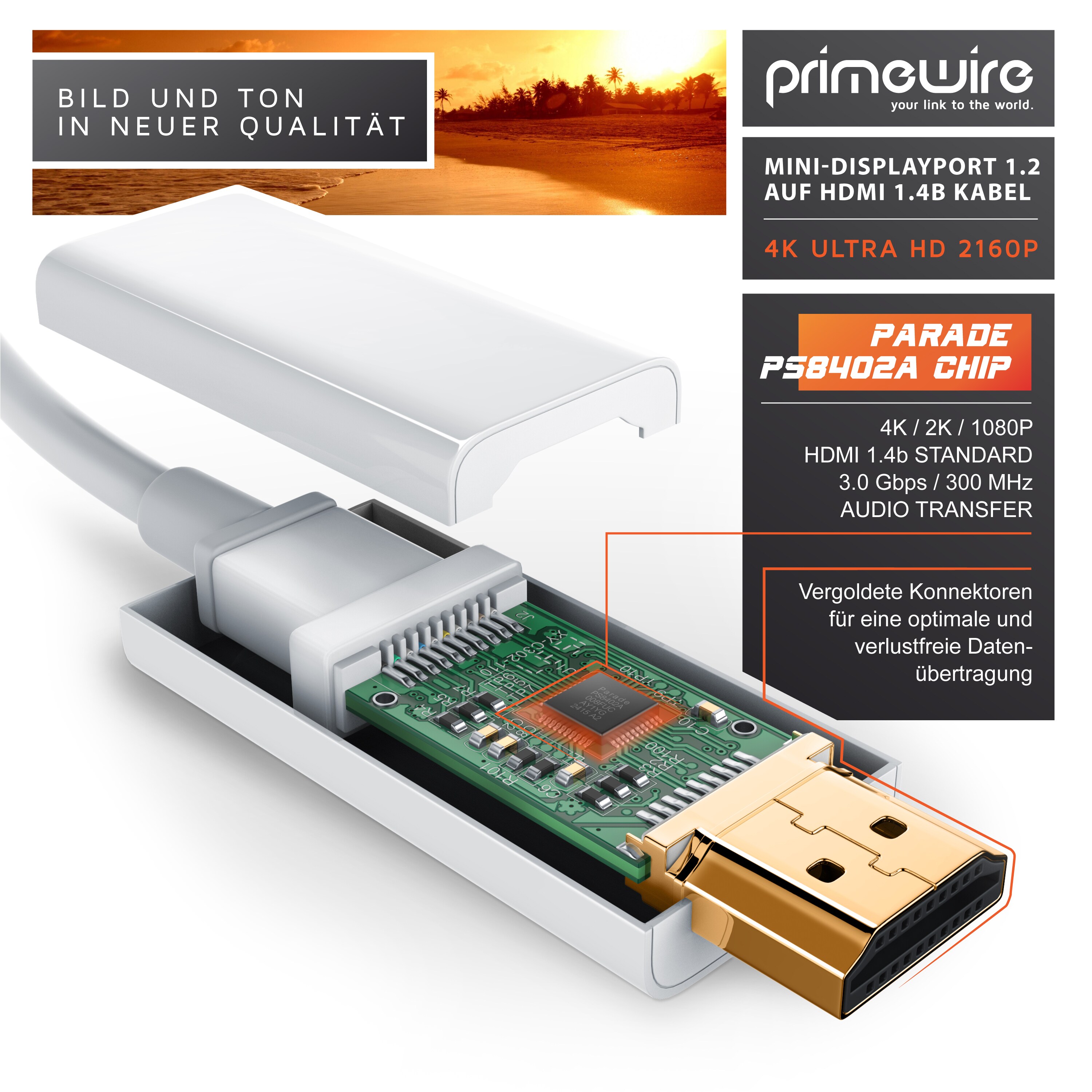 Primewire Mini DisplayPort zu HDMI Typ A Audio- & Video-Kabel, 4K miniDPUHD 2160p Adapter / Konverterkabel - 2m