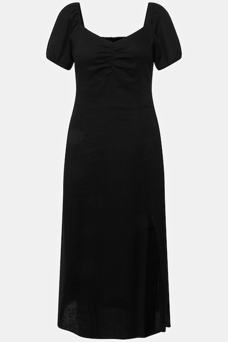 Midikleid, Leinenmix, Smokdetail, Herzausschnitt, Halbarm