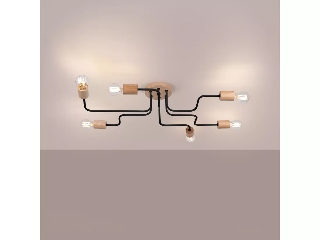 Lustre Timbo grenier en acier/bois - 6 sources lumineuses - L.85 x H.16,5 cm - noir/bois naturel