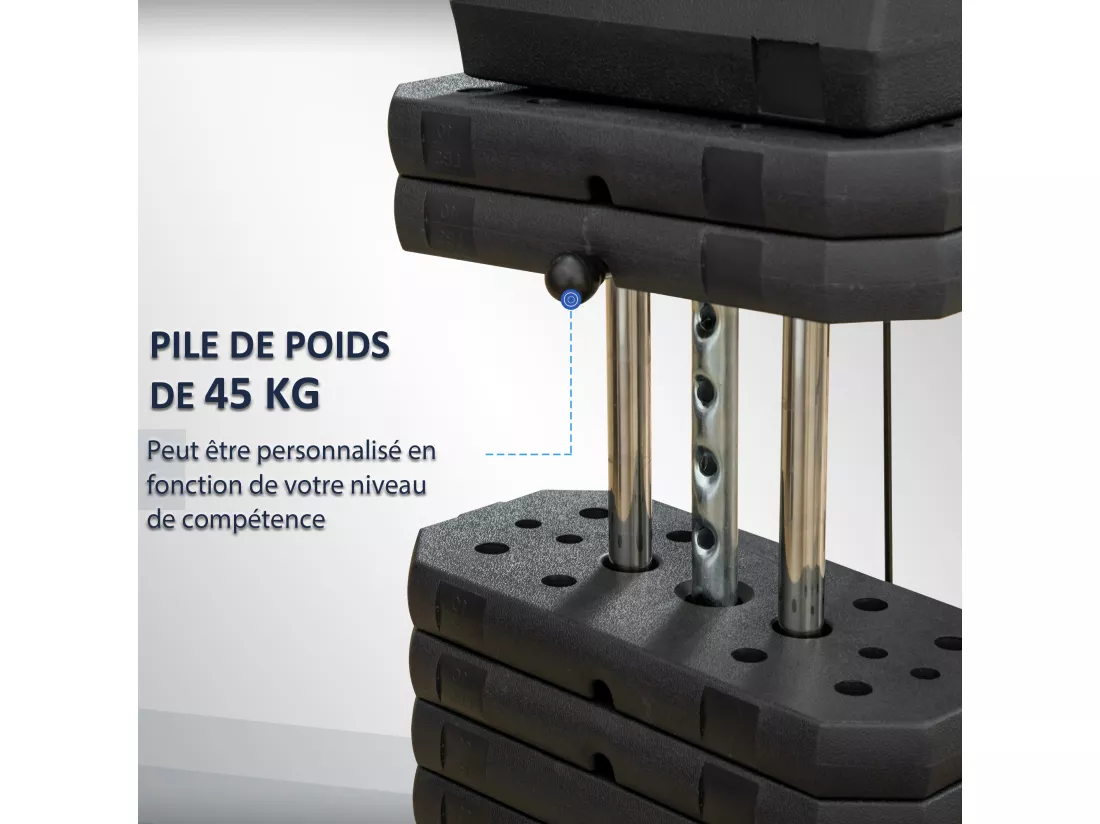 Station de musculation - entrainement complet - développé couché, butterfly, barre latissimus, curler - 9 contrepoids - acier noir