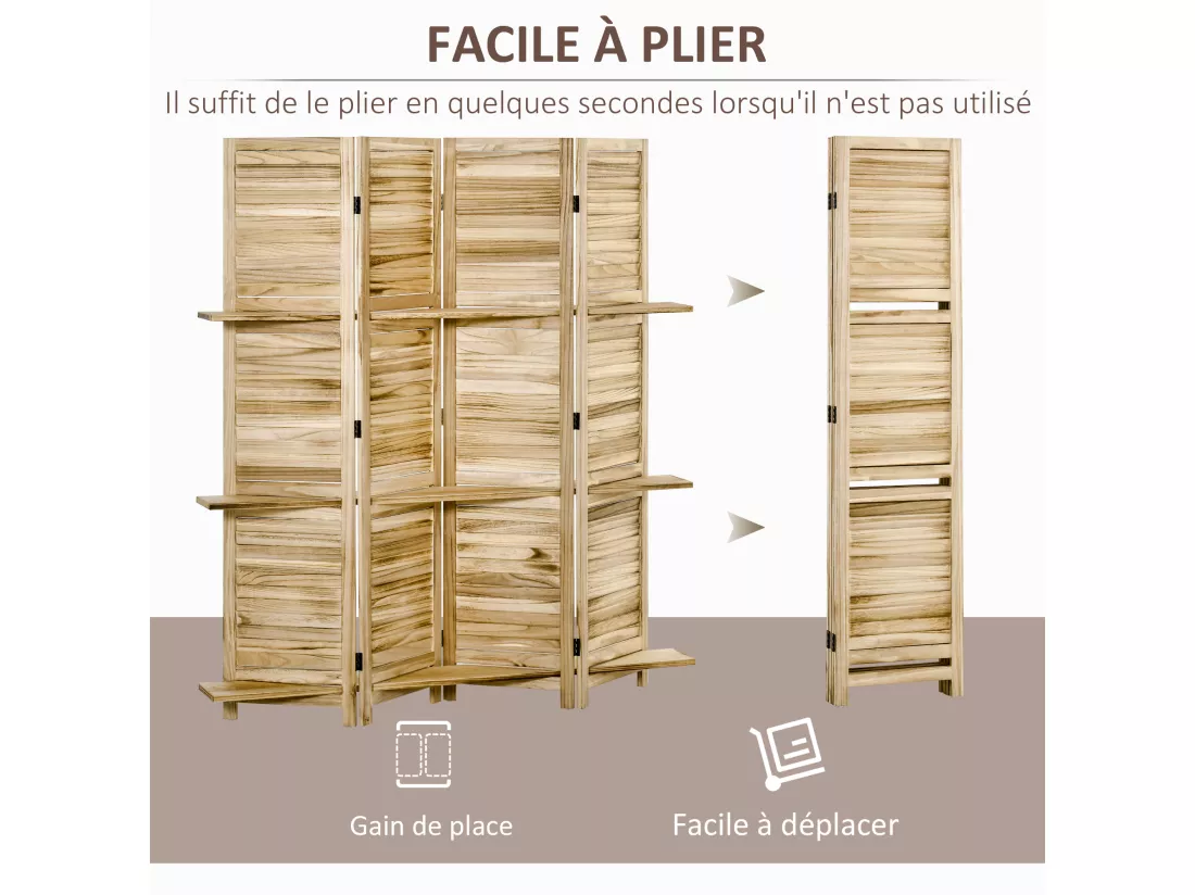 Paravent intérieur 4 panneaux 3 étagères pliables séparateur de pièce portes persiennes bois de paulownia aspect pin autoclave