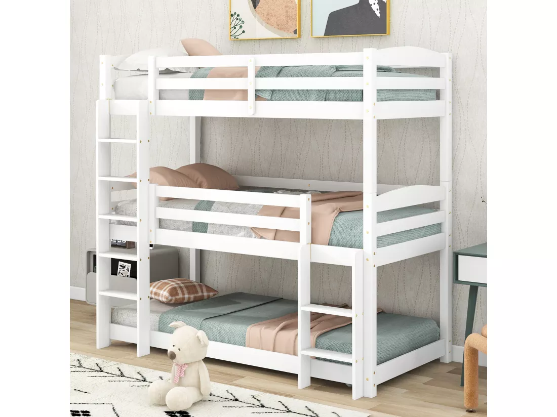 Lits Superposés Triple - 90 X 200 cm - Pour Adultes Et Enfants - Protection Antichute - Blanc