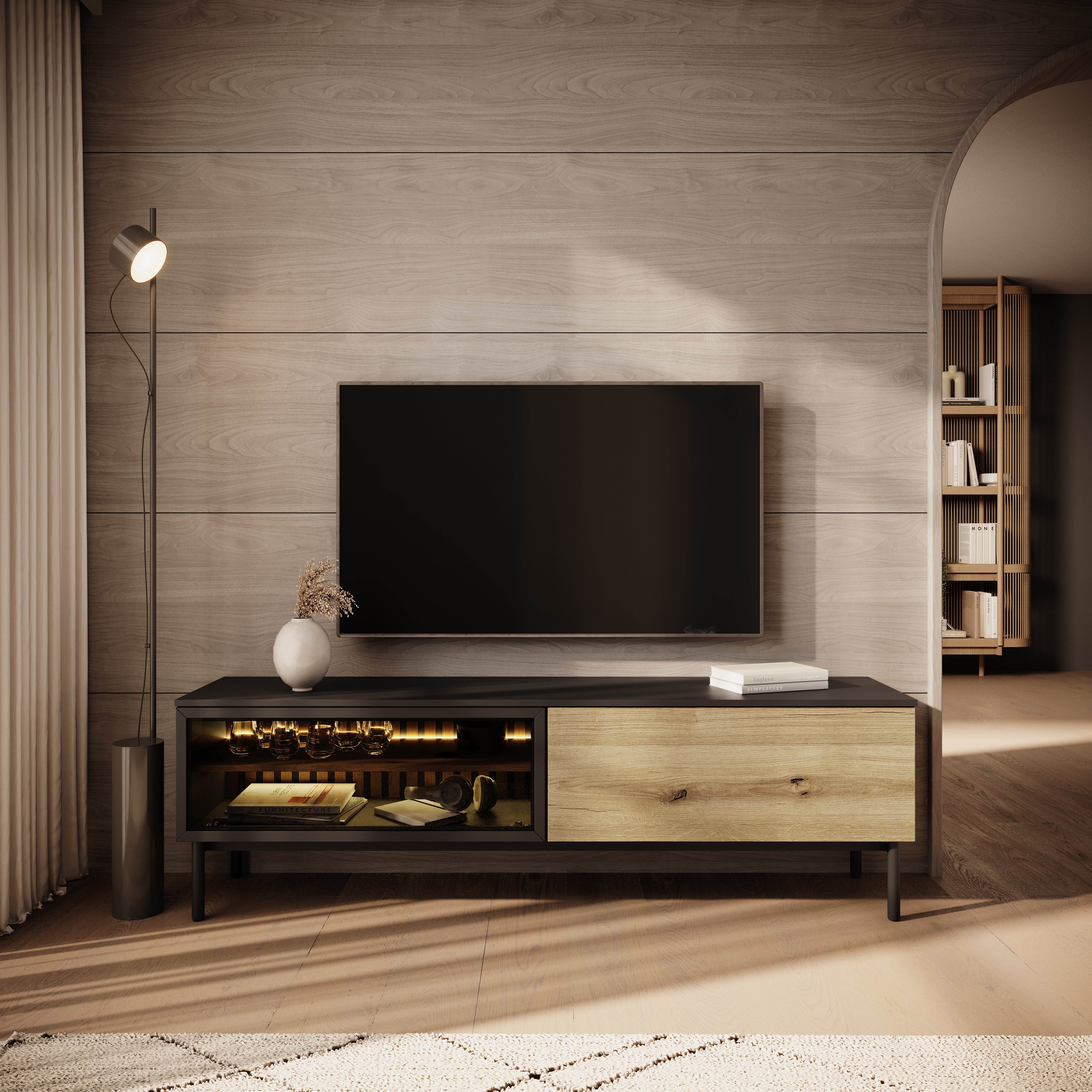 Ludwig - TV-Meubel met verlichting - Zwart/eiken - 180 cm