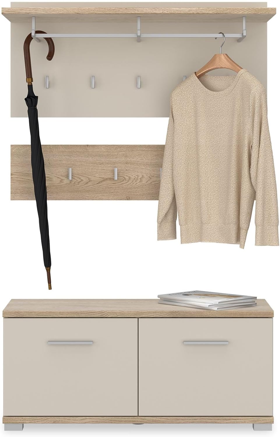 IDIMEX Garderobenset Bilbao 3-teilig, Cremona Eiche/Kaschmir, ideal für Flur und Eingangsbereich, mit 9 Haken, Kleiderstange, Hutablage und Schuhbank