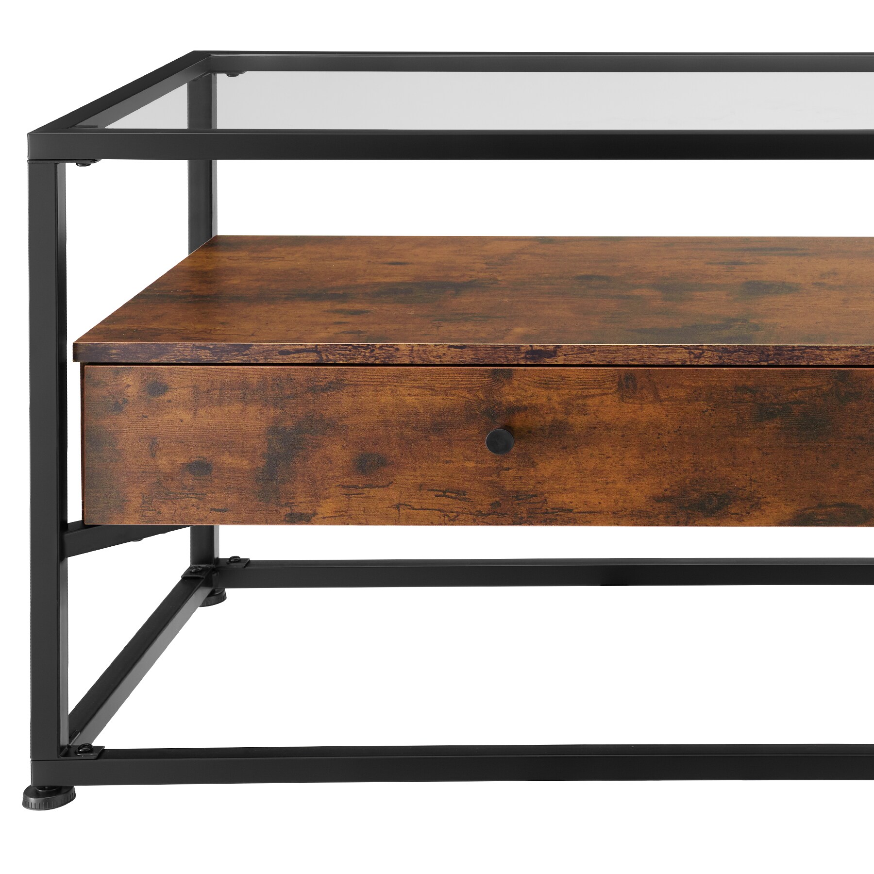 tectake® Sideboard, Industrial Style, Platte aus Sicherheitsglas, 2 große Schubladen, 121,5 x 41,5 x 50,5 cm