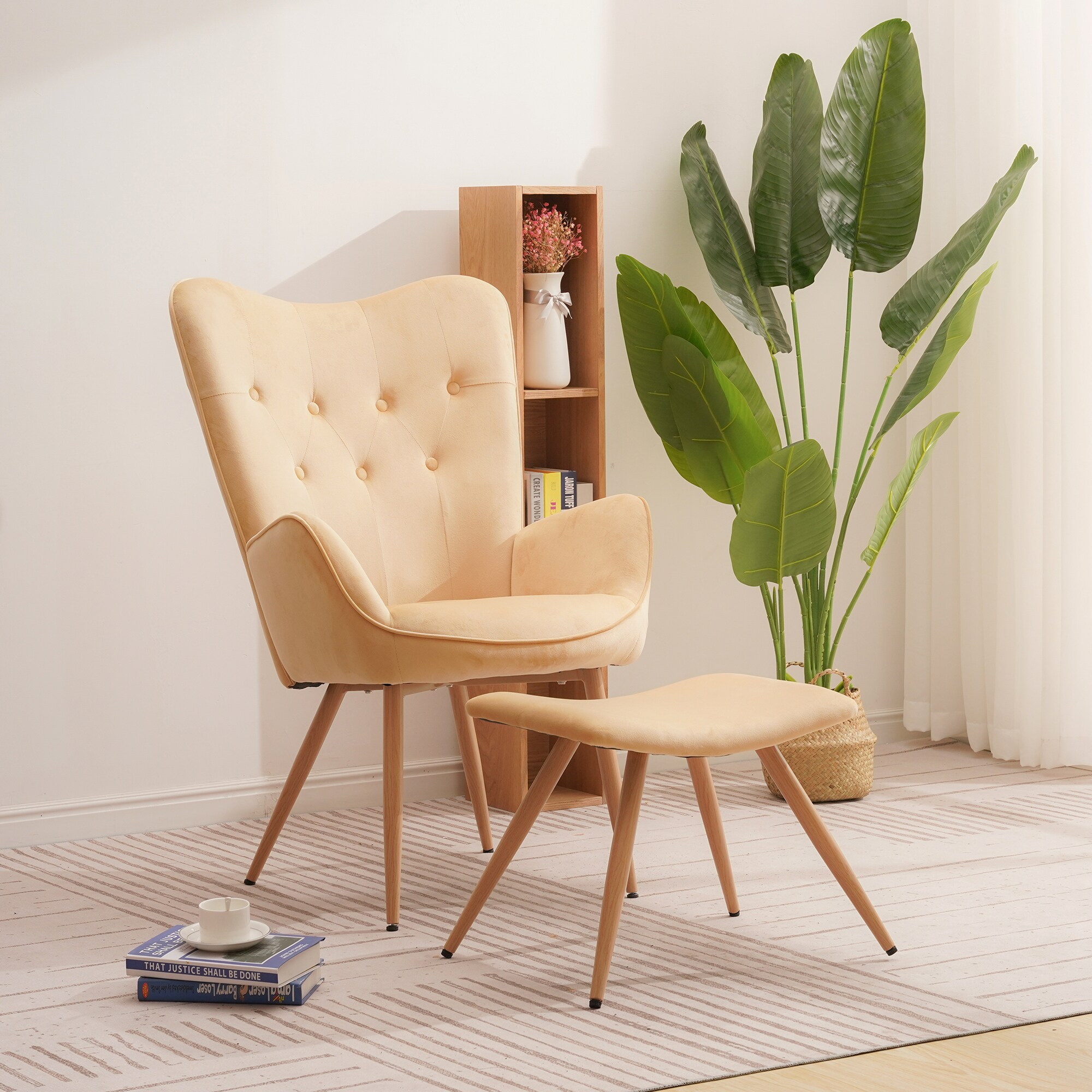 Albatros Ohrensessel mit Hocker YORK, Samt Bezug, bequem gepolstert, Fernsehsessel, Polstersessel, Farbe Ohrensessel:Beige