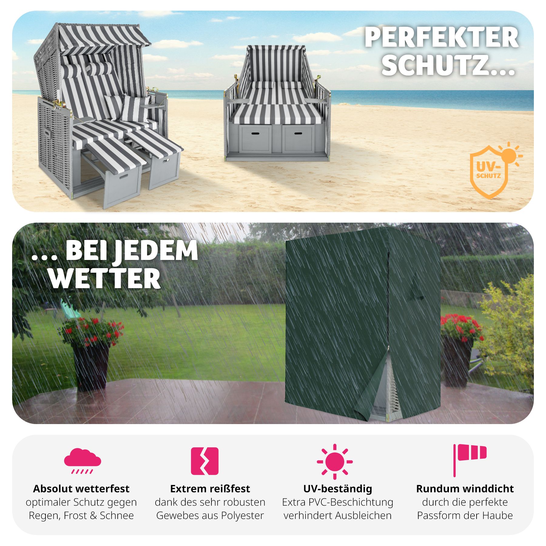 tectake® Strandkorb, gepolstert mit ausziehbaren Fußbänkchen, klappbare Seitentische und weitere Extras, 115 x 158 x 78 cm