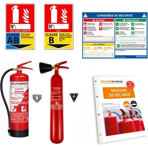 Kit sécurité incendie – 2 Extincteurs (CO2 + eau) + signalétique