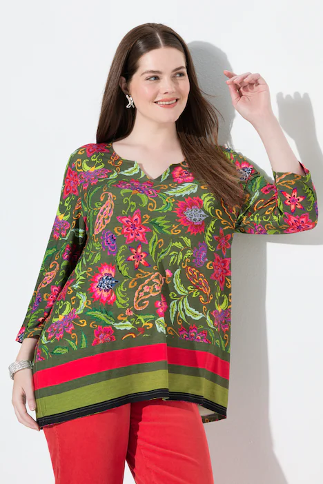 Shirt, Landhausdruck, A-Linie, Tunika-Ausschnitt, 3/4-Arm, oliv