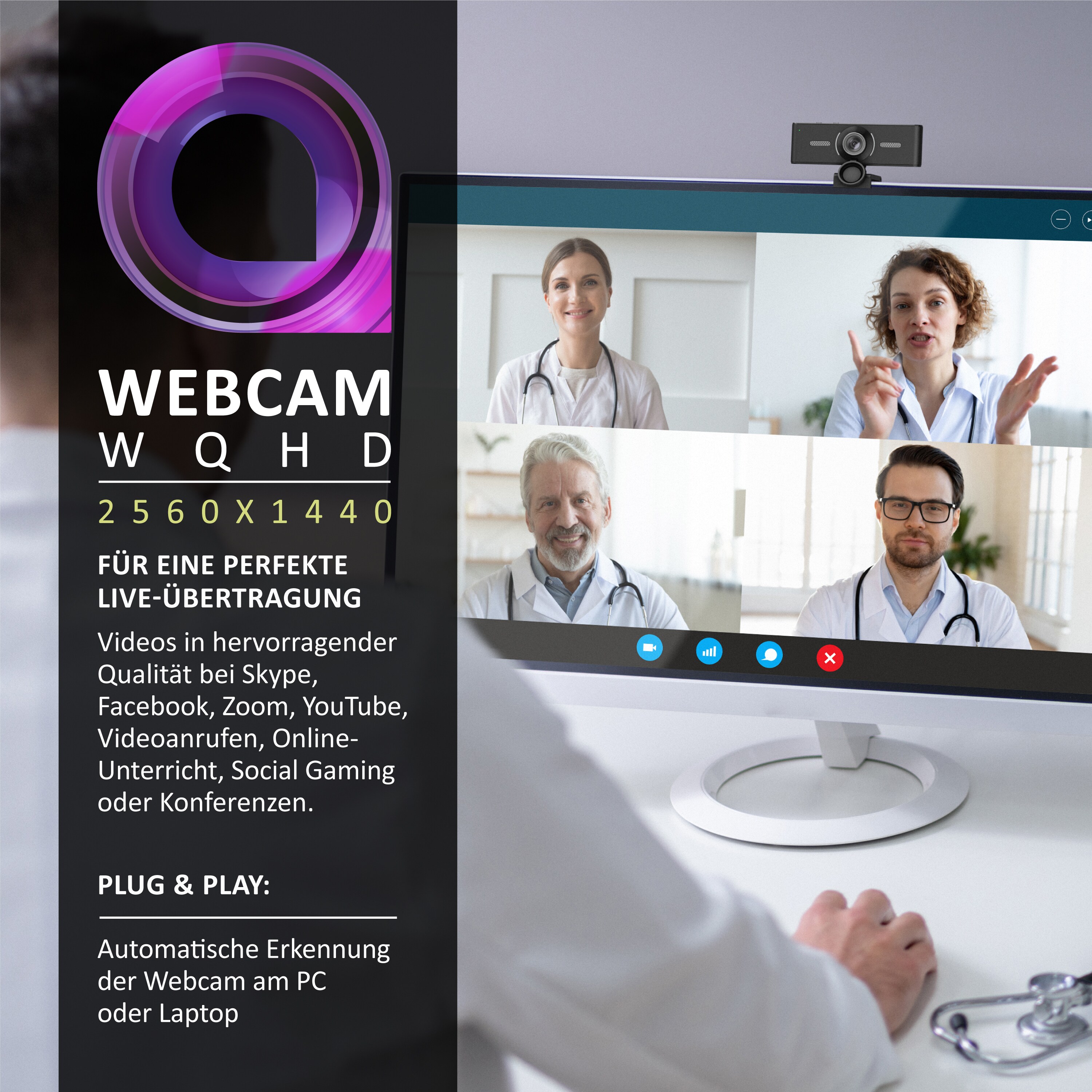 Aplic Webcam 2K - 1440p - 2560 x 1440 @ 30 Hz - Full-HD mit 60 Hz - manueller Fokus - Dual Mikrofone - Stativgewinde 1/4 Zoll - schwenkbare Halterung
