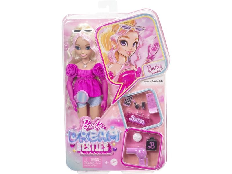 Barbie Puppe Dream Besties Malibu Modepuppe mit 8 Zubehörteilen zum Thema Make-up und Haare
