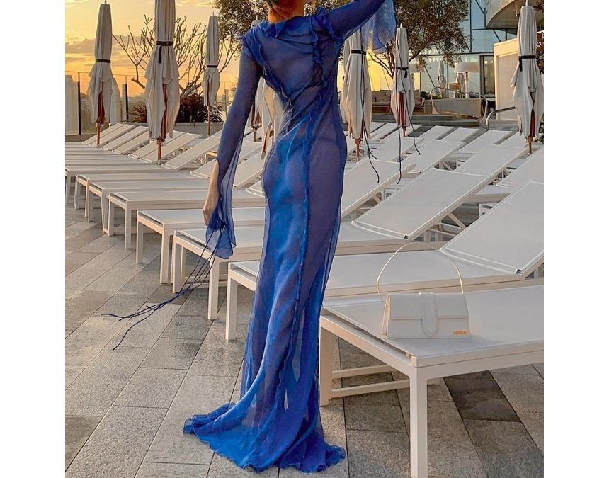 Ragom - Maxi-jurk met lange mouwen, ruches en split, doorschijnend en bodycon