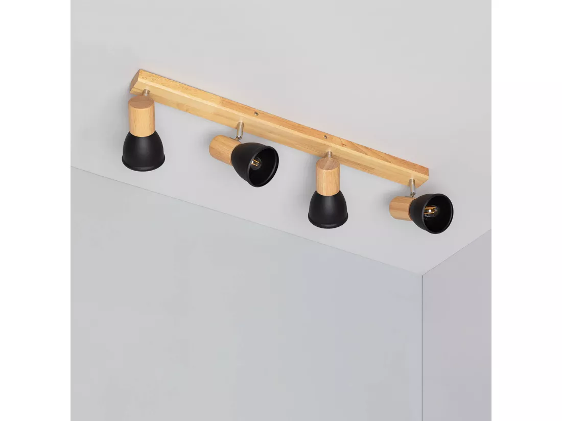 Plafonnier Métal et Bois Tautau 4 Spots Noir