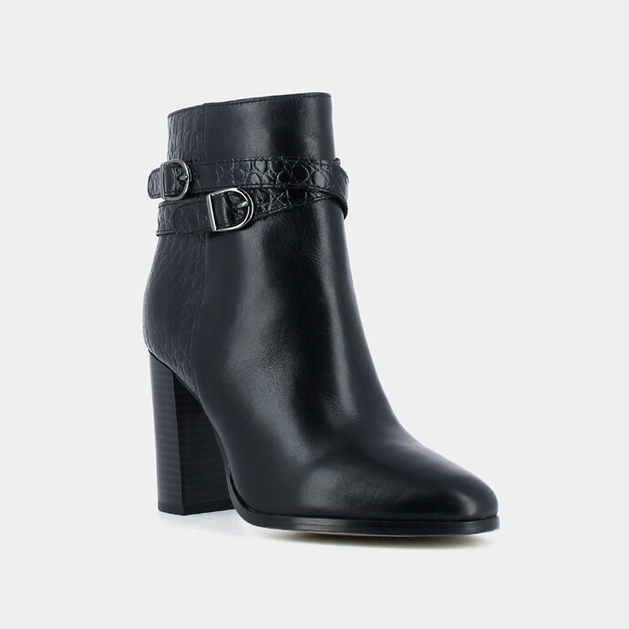 Bottines à talons et boucles  en cuir et croco noir