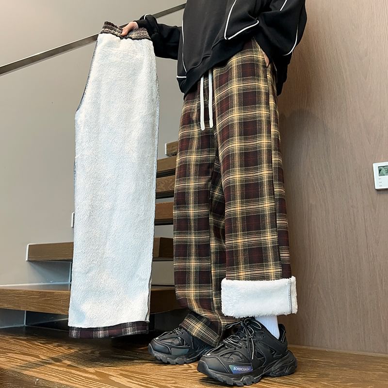 Obikan - Geruite fleece-gevoerde rechte broek met trekkoord in de taille