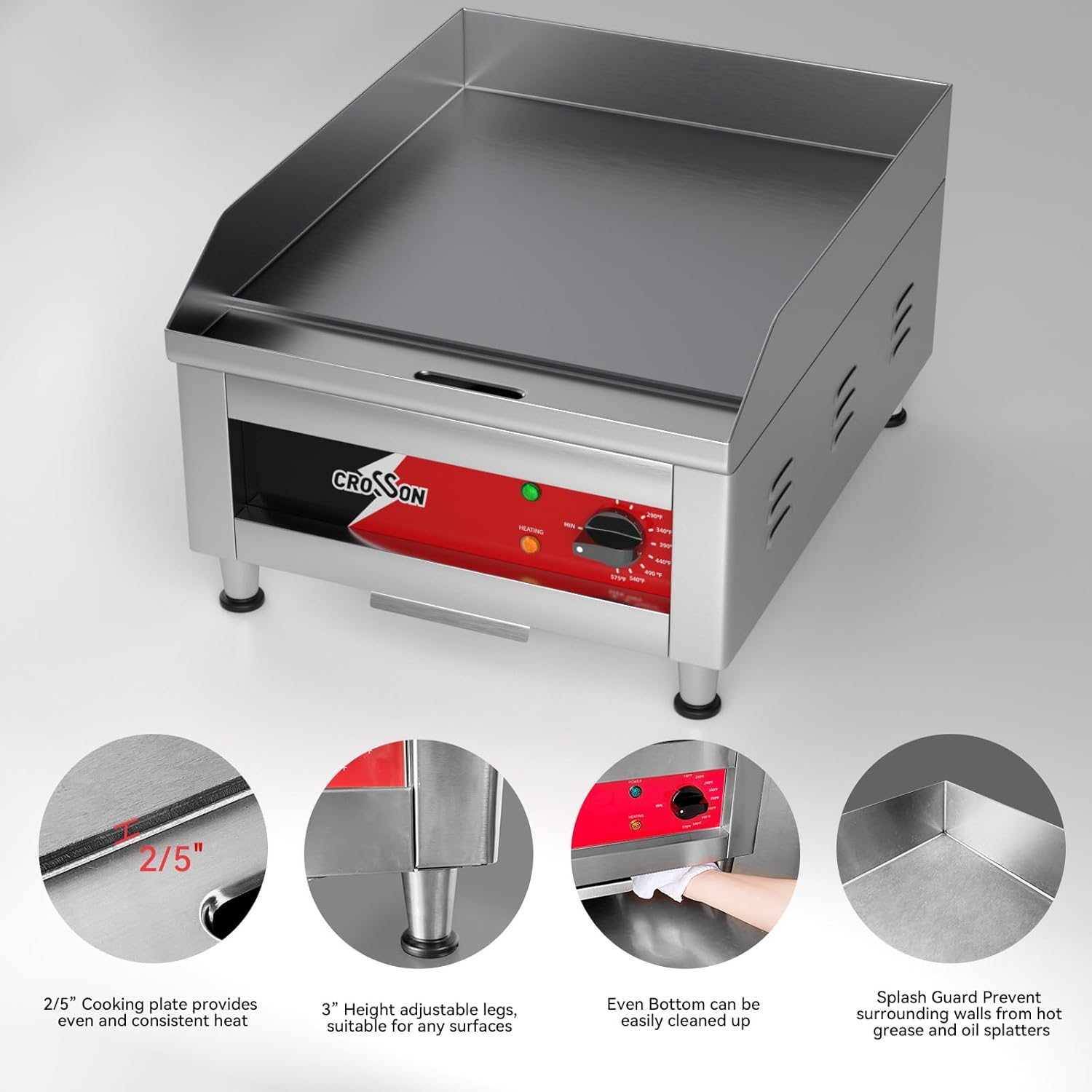 CROSSON 40 * 40CM Kommerzielle elektrische Arbeitsplattengrillplatte, flacher Grill mit antihaftbeschichteter 10 MM dicker Eisenkochplatte für Restaurant und Heimgebrauch -230V/2500W(EG-400C EU)