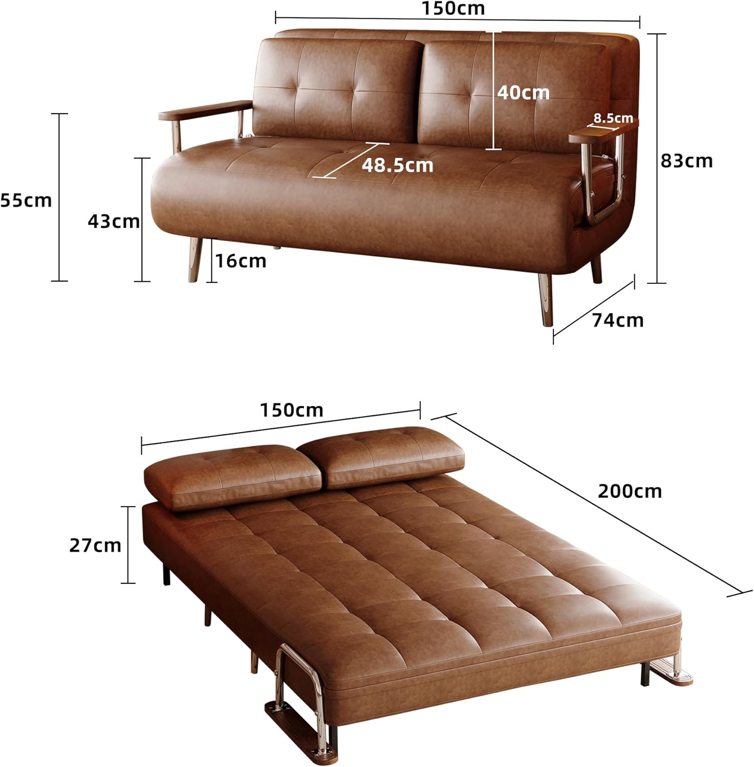 Schlafsofa-Lederoptik, modernes 2 sitzer Sofa mit schlaffunktion, schlafcouch mit Klappmatratze,klappsofa vielfältig einsetzbar für Wohnzimmer, Schlafzimmer & kleine Räume,Braunes（150cm）