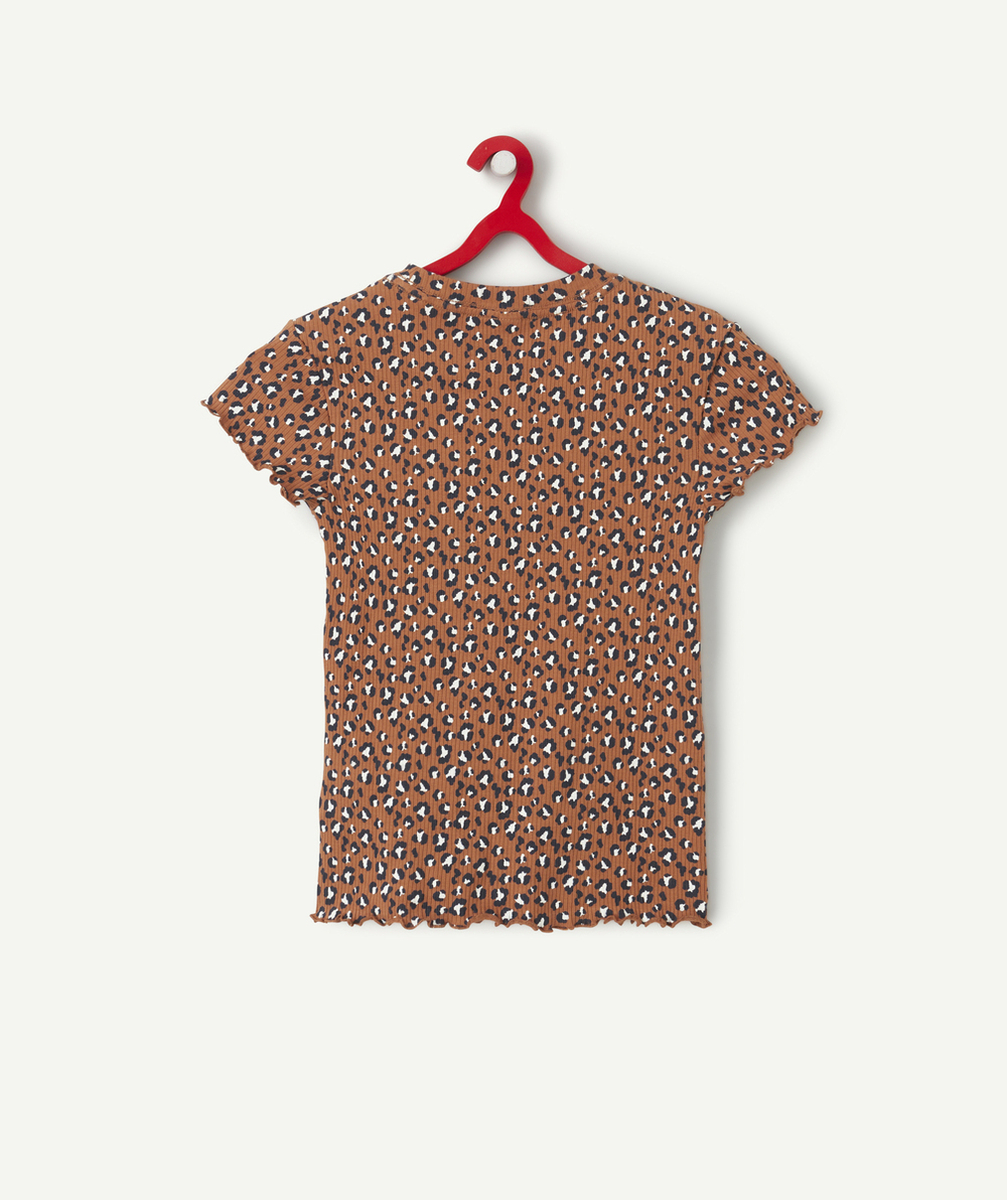 T-SHIRT FILLE EN COTON BIO MARRON CÔTELÉ ET IMPRIMÉ LÉOPARD