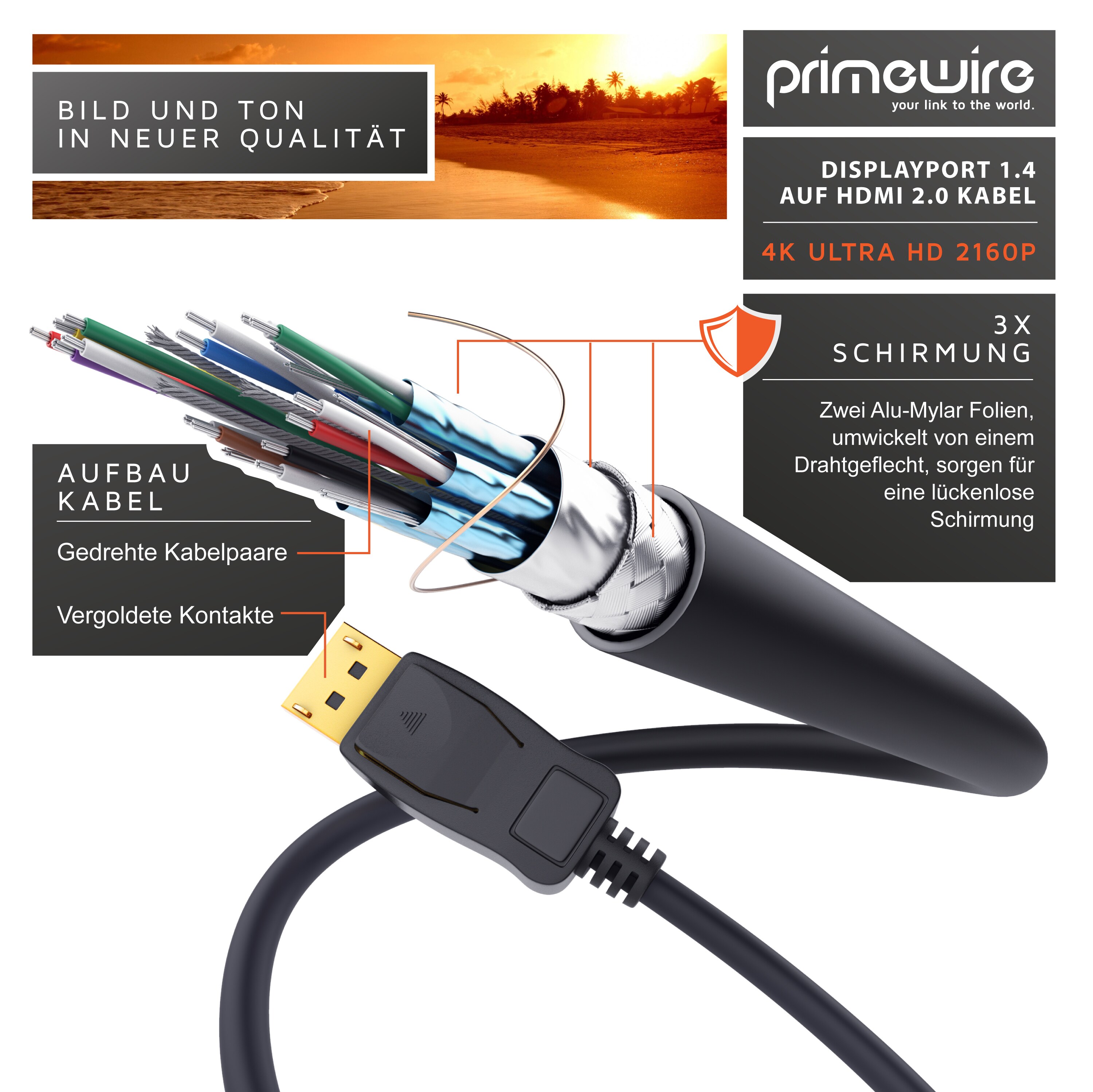 Primewire Premium DisplayPort auf HDMI Konverterkabel Adapterkabel 4K 3840 x 2160 @ 60 Hz - 1m