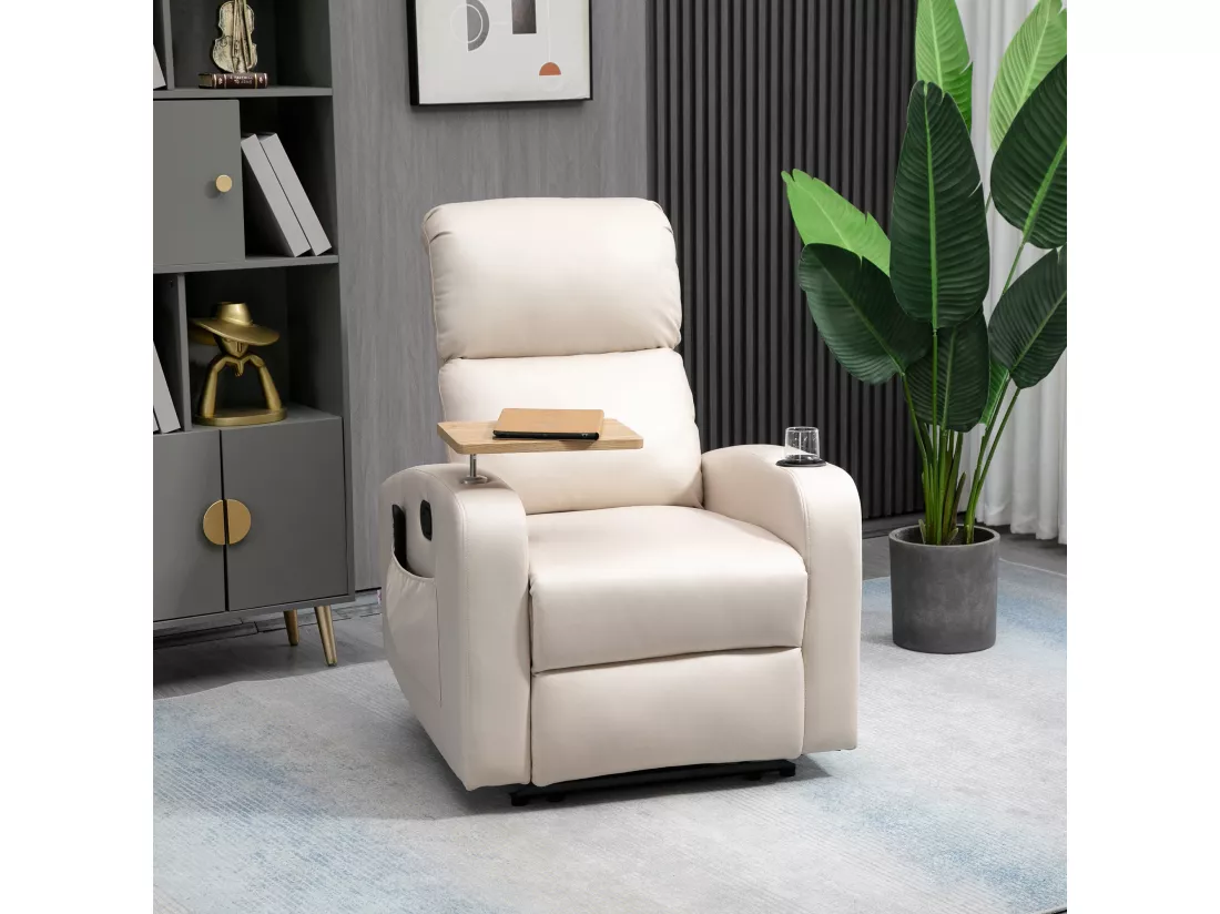 Fauteuil de massage inclinable avec repose-pied télécommande revêtement synthétique tissu beige