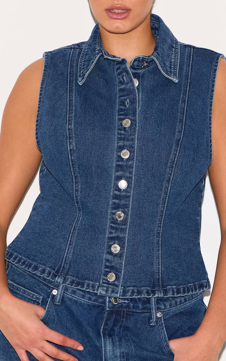 Bleu Foncé Gilet Col En Denim Grande Taille