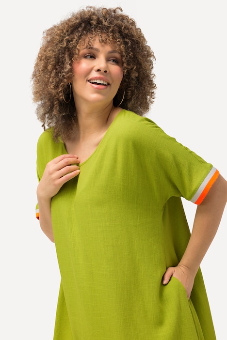 Midikleid, Leinenmix, V-Ausschnitt, Fledermaus-Halbarm