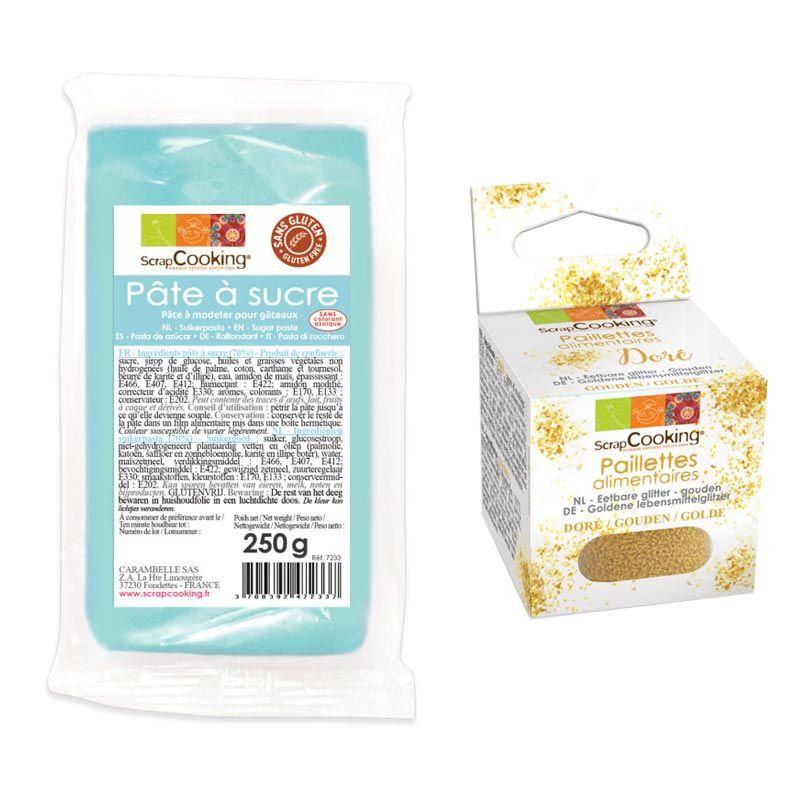 Pâte à sucre bleu clair 250 g arôme vanille + paillettes dorées Scrapc