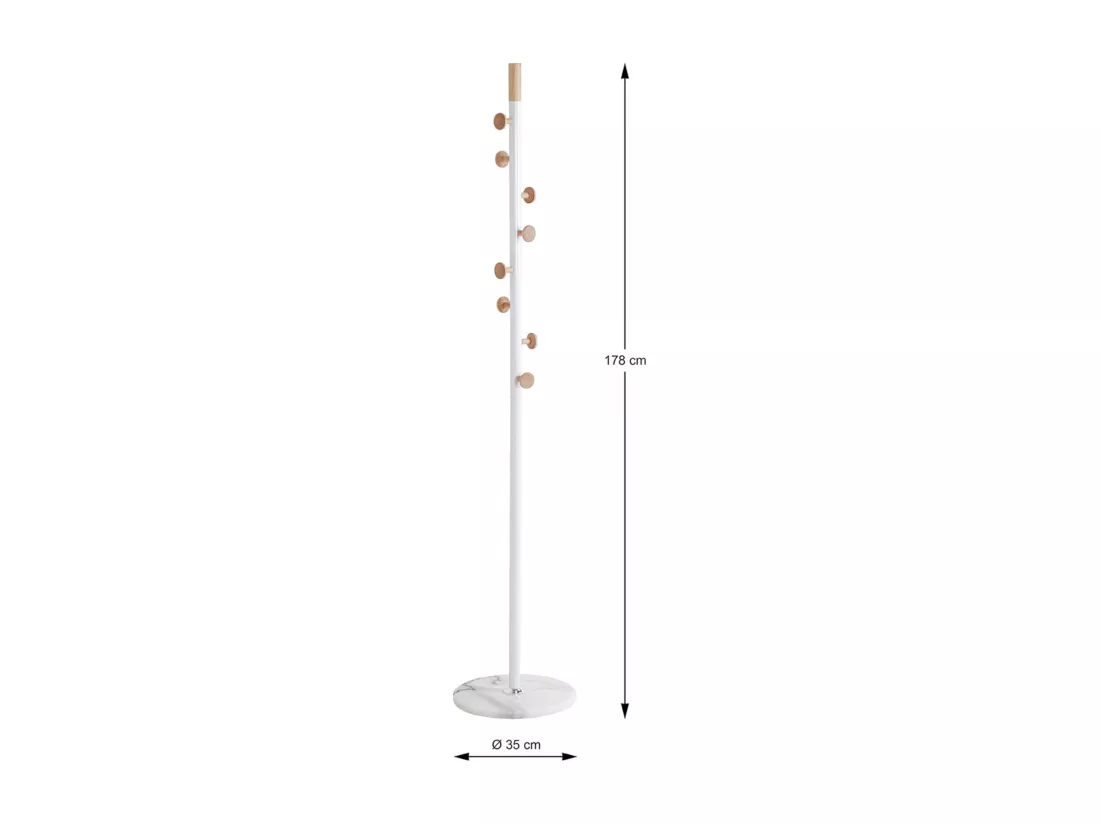 Porte-manteau en acier coloris blanc et bois coloris naturel, pieds en marbre coloris blanc - diamètre 35 x hauteur 178 cm