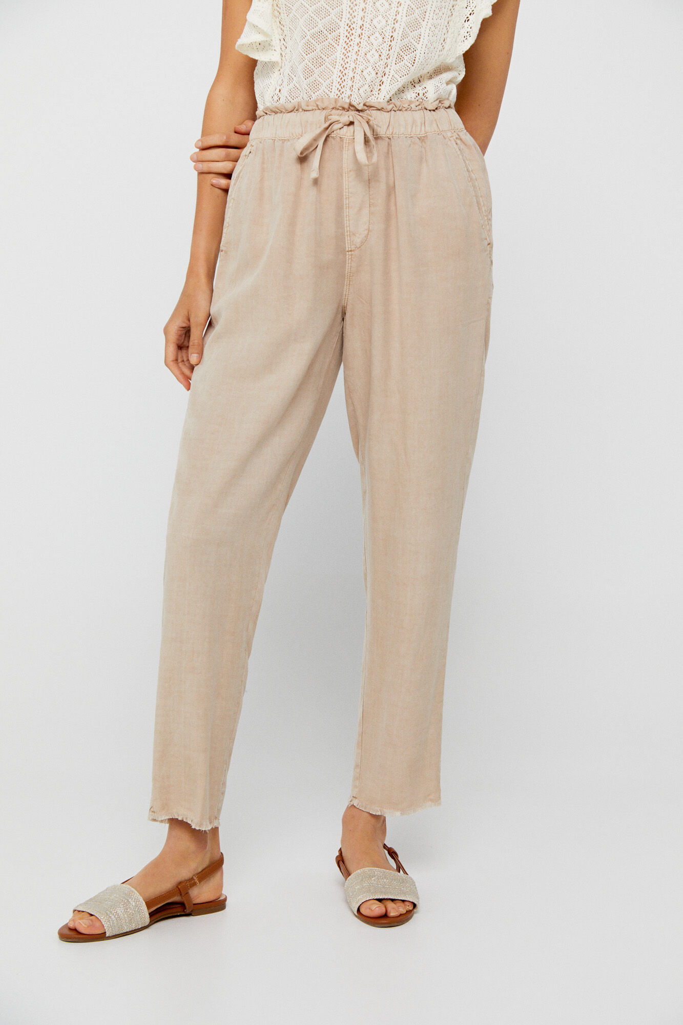 Pantalón Fluido cor 100% Tencel - Bege