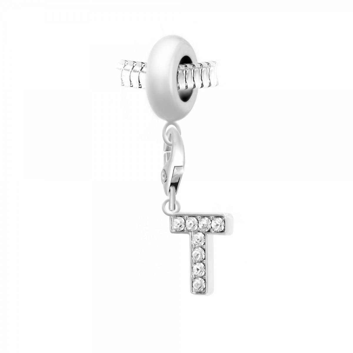 Charm perle SC Crystal en acier avec pendentif lettre T ornée de Cristaux scintillants