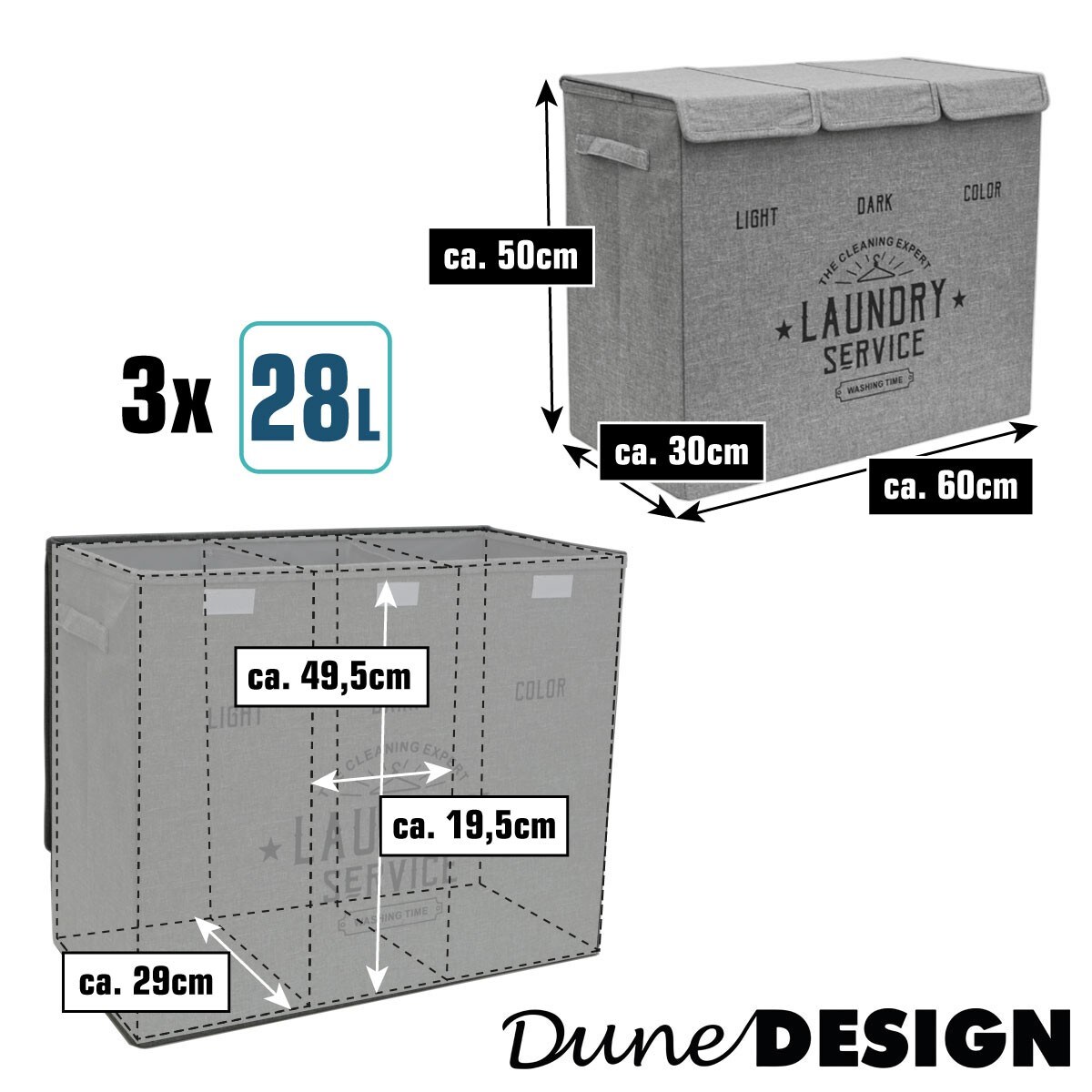 3 Fächer Wäschekorb mit Deckel - 84L Wäschesammler Faltbar - 60x30x50 Wäschebox