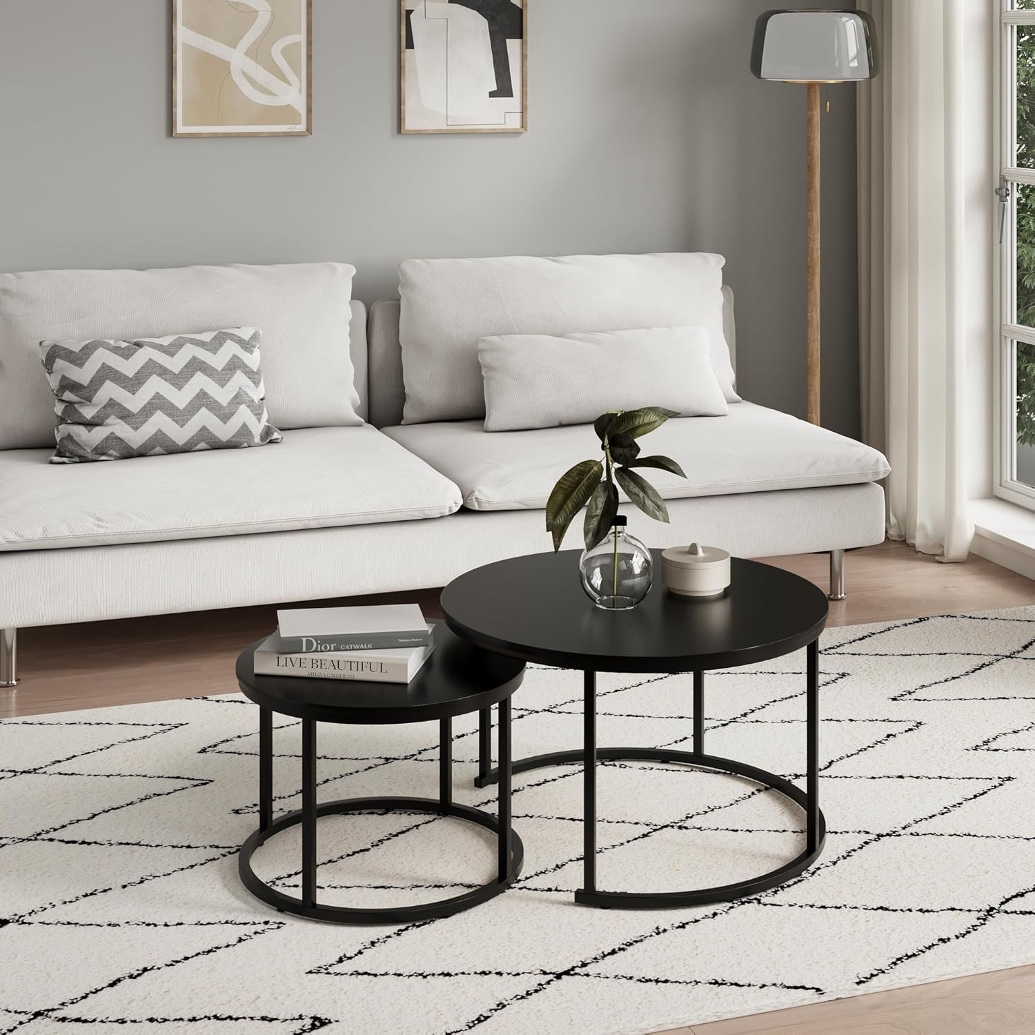 Home Collective Couchtisch 2er Set rund aus Holz, Wohnzimmertisch Modern, Beistelltisch Set 2 in 1 mit Metallgestell für Wohnzimmer Büro Beistelltisch Loft Design Twin | Schwarz