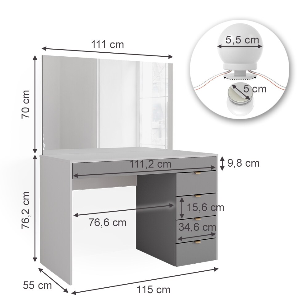 Vicco Schminktisch Elise Weiß Grau 115 x 76 cm modern Frisiertisch Schubladen Spiegel LED-Beleuchtung