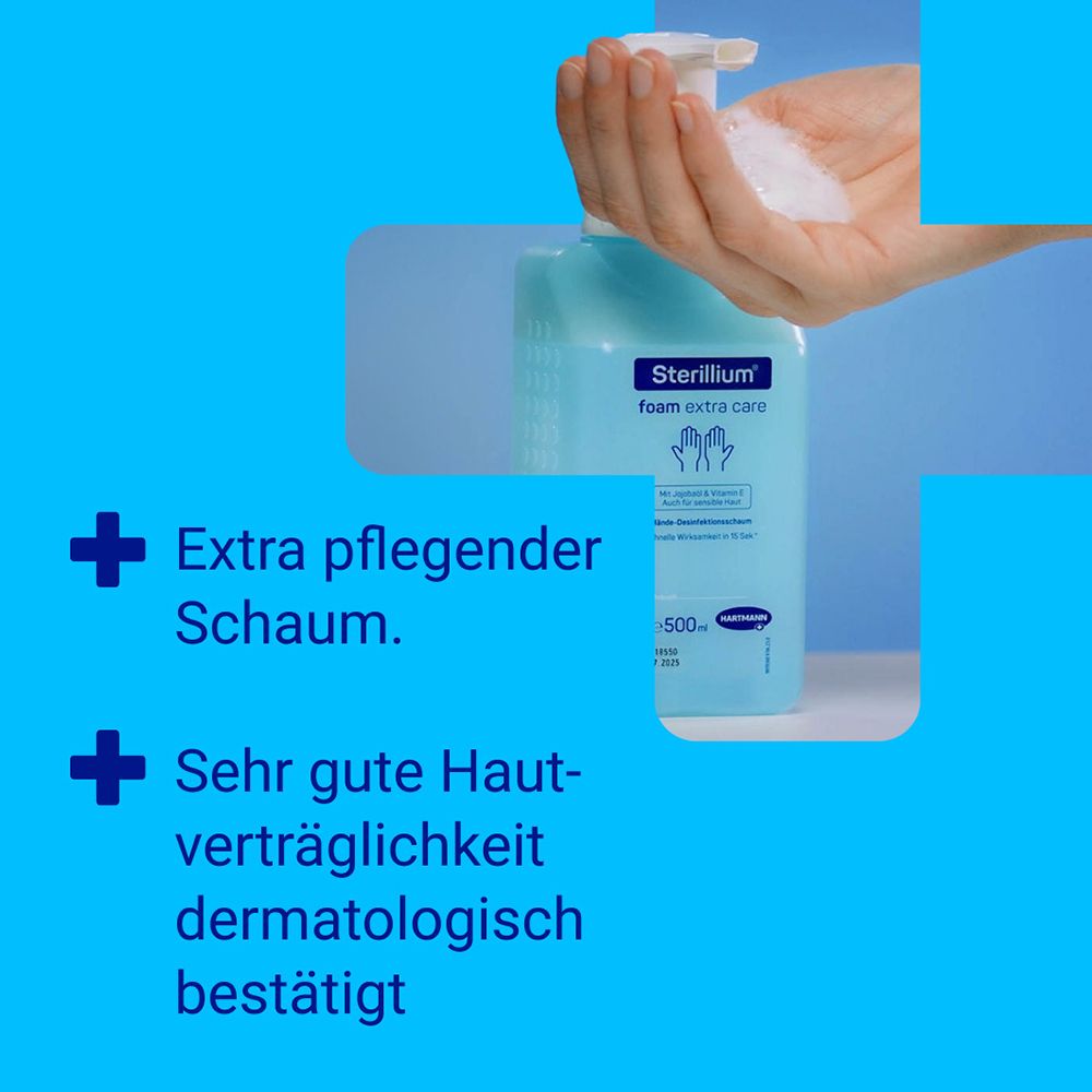 Sterillium foam extra care, der erste pflegende Desinfektionsschaum, der die Hände schon während der Desinfektion pflegt