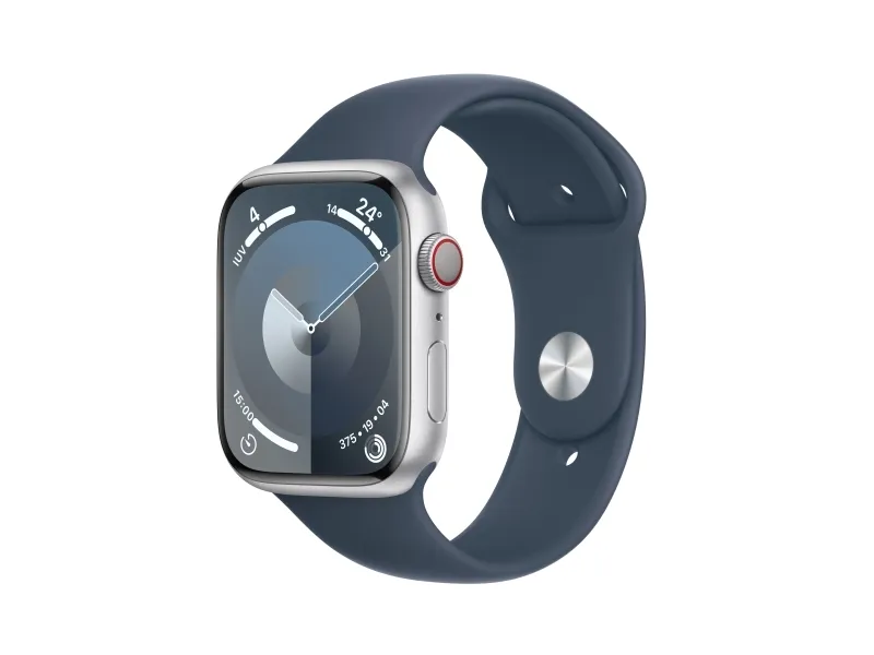 Apple Watch Series 9 (GPS   Cellular) - 45 mm - sølvaluminium - smart ur med sportsbånd - fluoroelastomer - stormblå - båndstørrelse: S/M - 64 GB - Wi-Fi, Bluetooth, UWB, LTE - 4G - 39 g