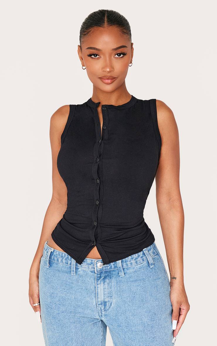 Noir Haut Sans Manches Asymétrique À Boutonnage Devant Shape
