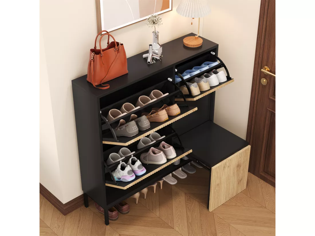 Meuble à chaussures avec banc pliable - 3 portes abattantes - Noir & Naturel