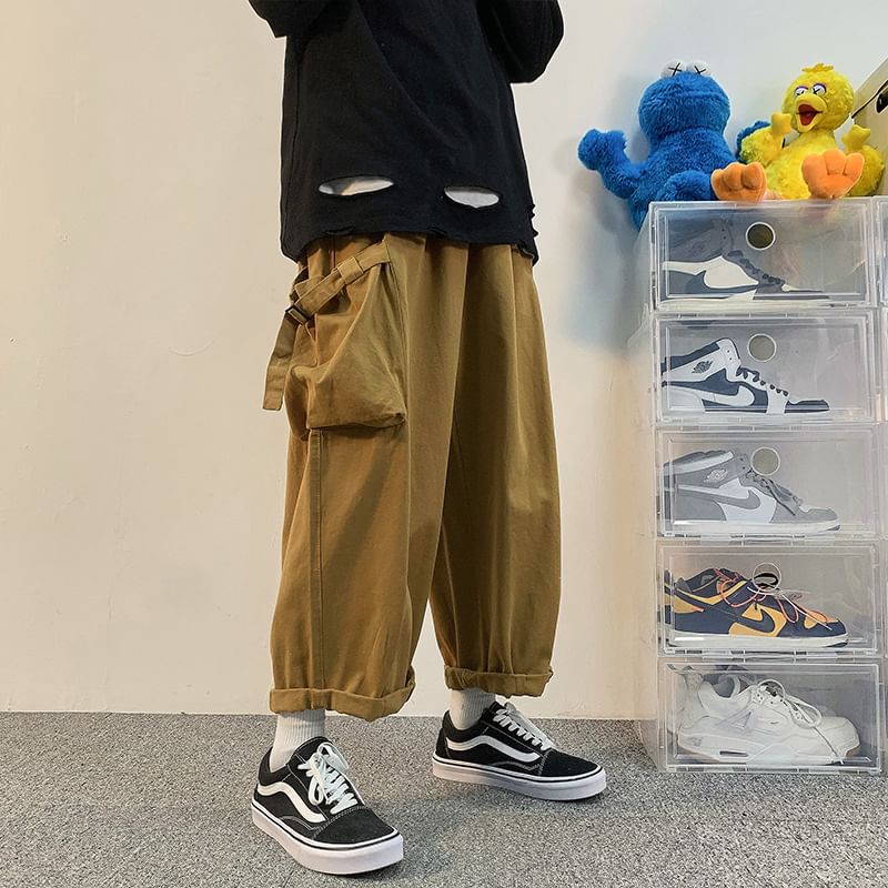 emeisa - Mid Rise Plain Cropped Wide Leg Cargo Pants