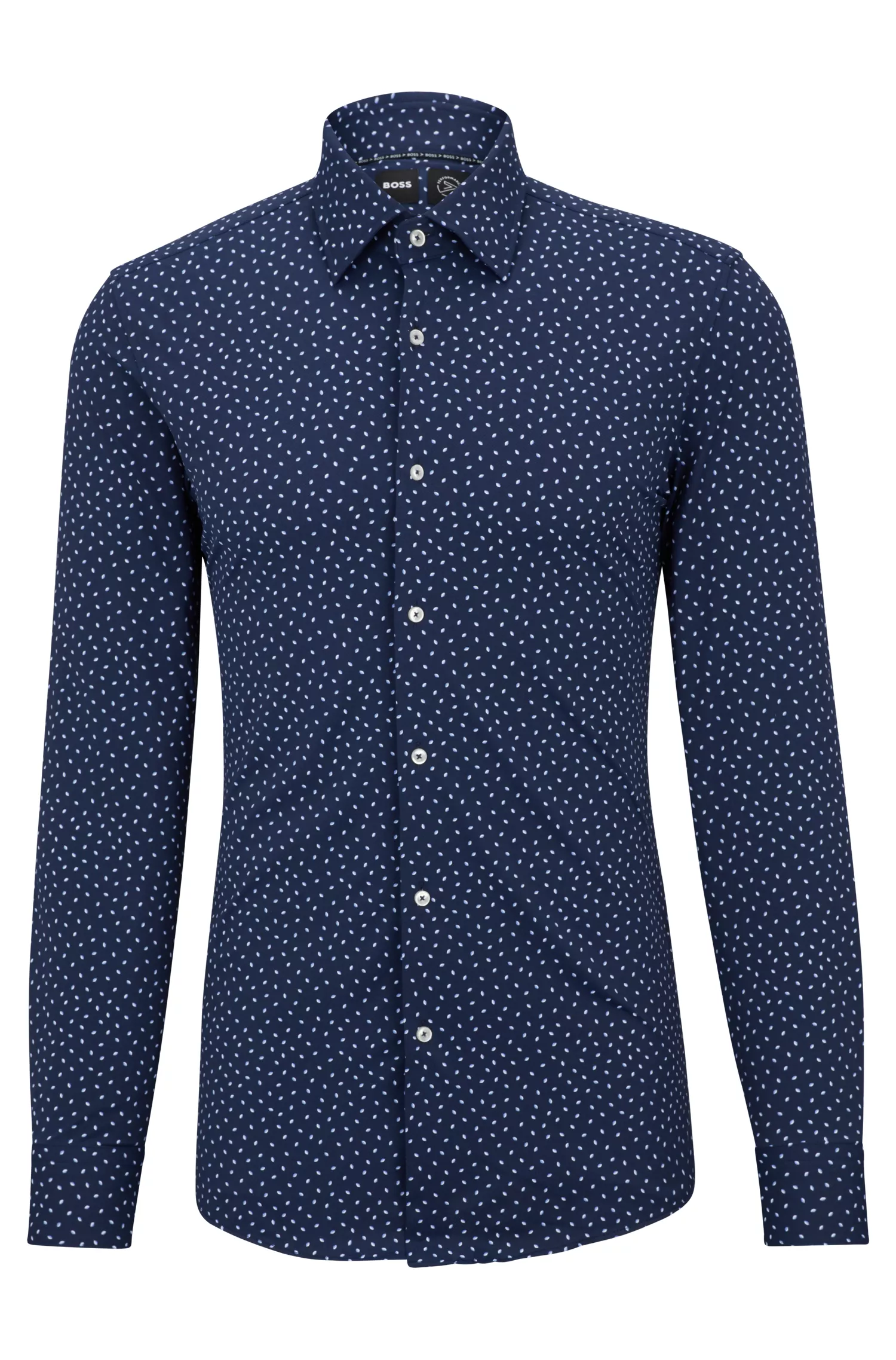Camisa BOSS preta de corte slim em tecido elástico de alta performance com estampa.
