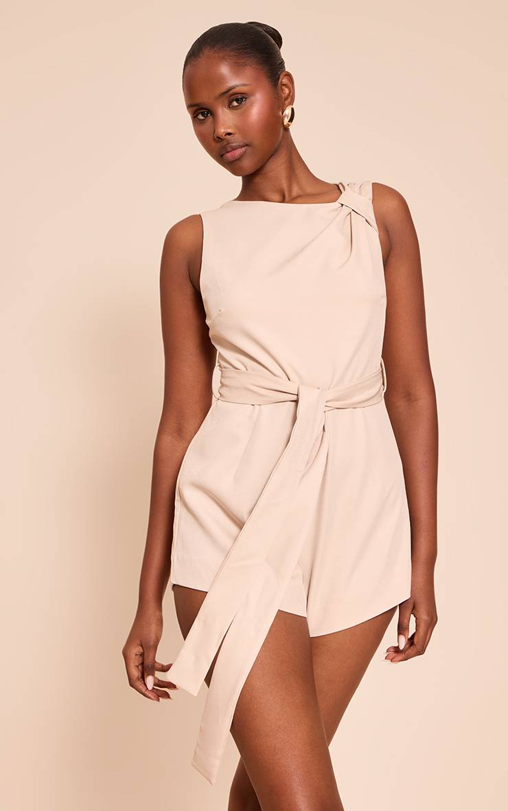 Gris Pierre Combi-short Tissée Avec Ceinture À Nouer