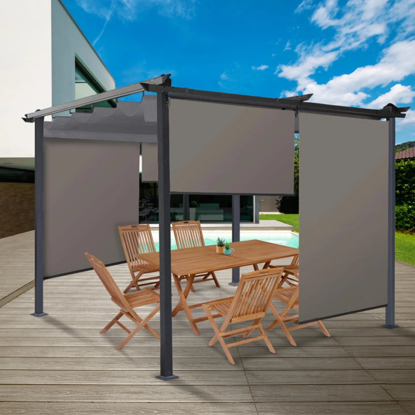 Lot de 3 stores enrouleurs L.124 x H. 225 CM pour pergola taupe