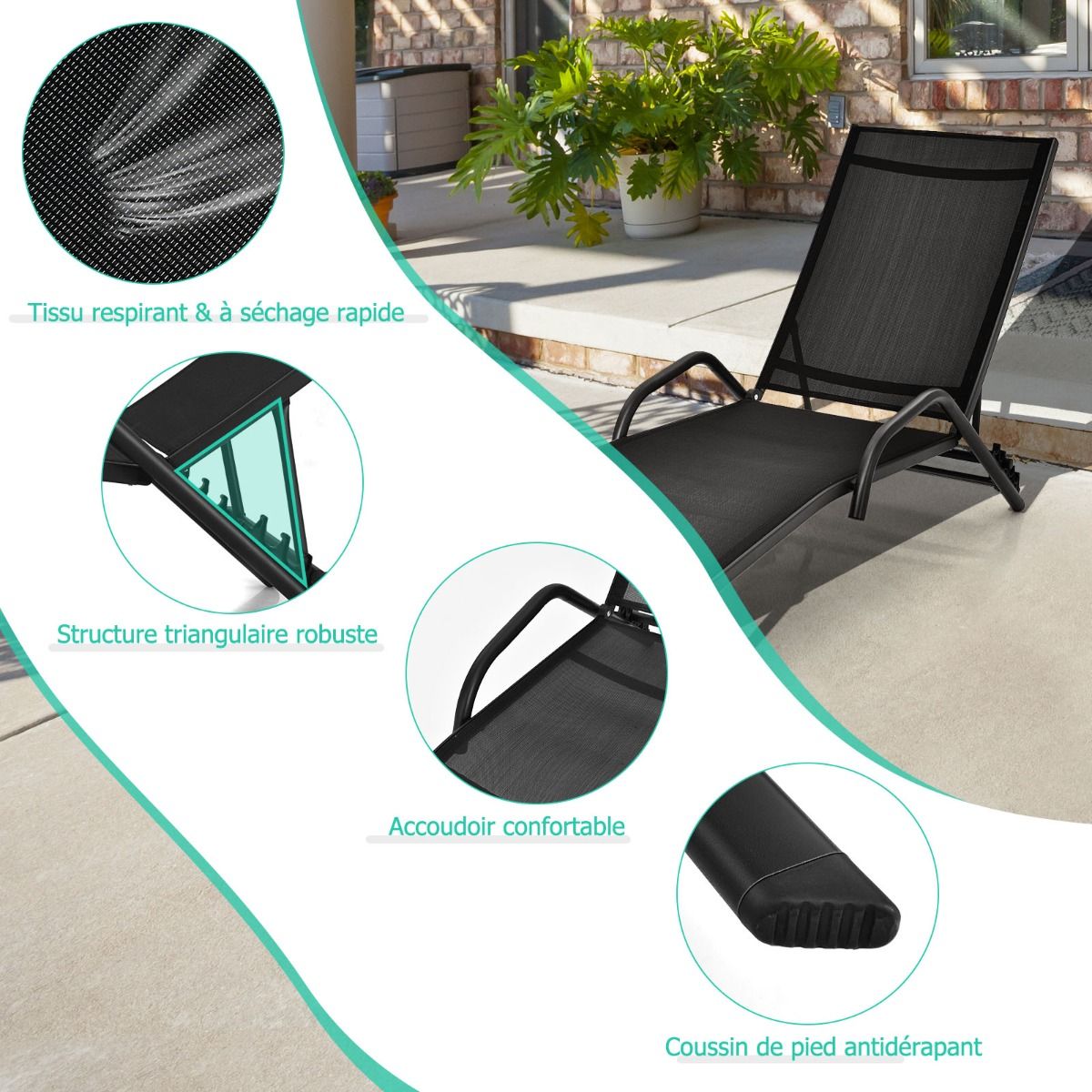 Lot de 2 Bains de Soleil Inclinables d'Extérieur avec Accoudoirs et Dossier Réglable à 5 Positions Charge 160 kg Noir - Lidl-Manfred