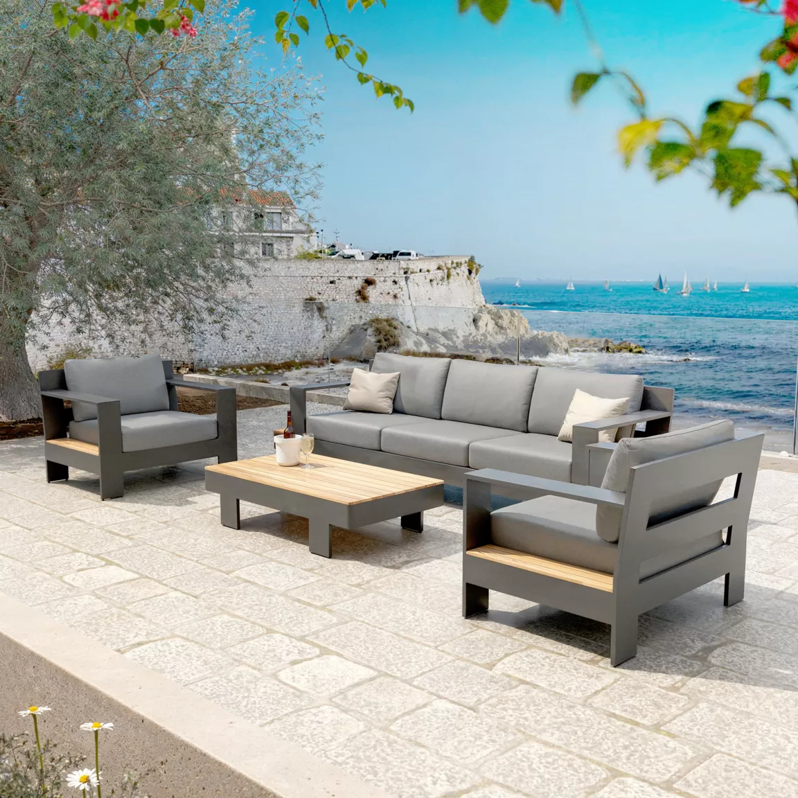 Salon de jardin aluminium et bois teck 5 places Antibes Gris anthracite