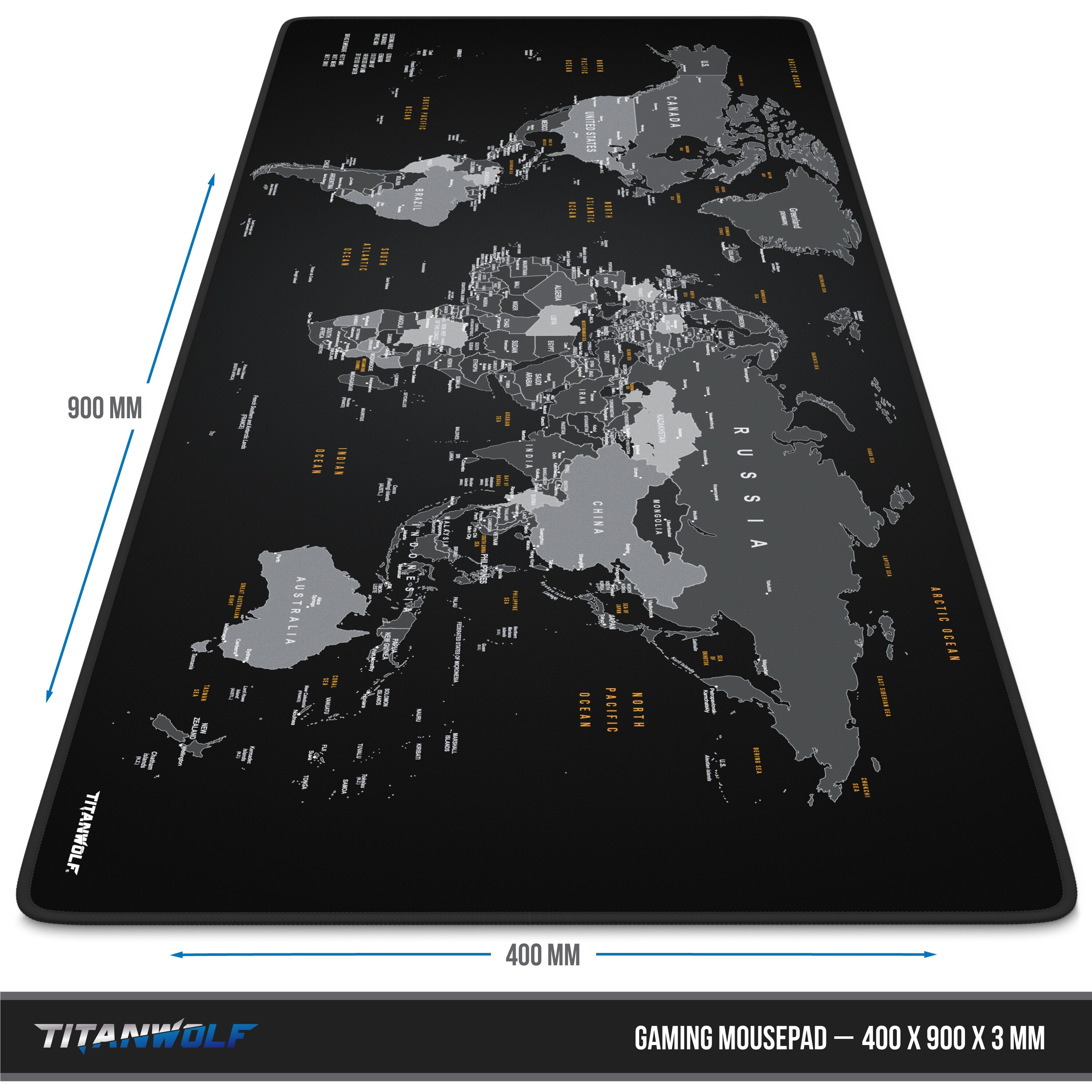 Titanwolf Gaming Mauspad XXL, glattes Stoffgewebe, Speed Mousepad 900 x 400mm große Fläche, Weltkarte Global