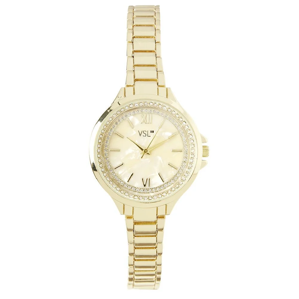 Montre ronde métal doré déco strass