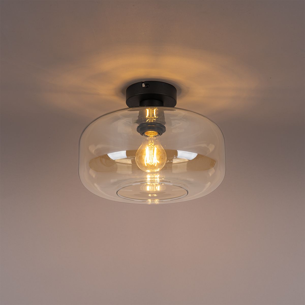 Art deco plafondlamp zwart met amber glas - Bizle