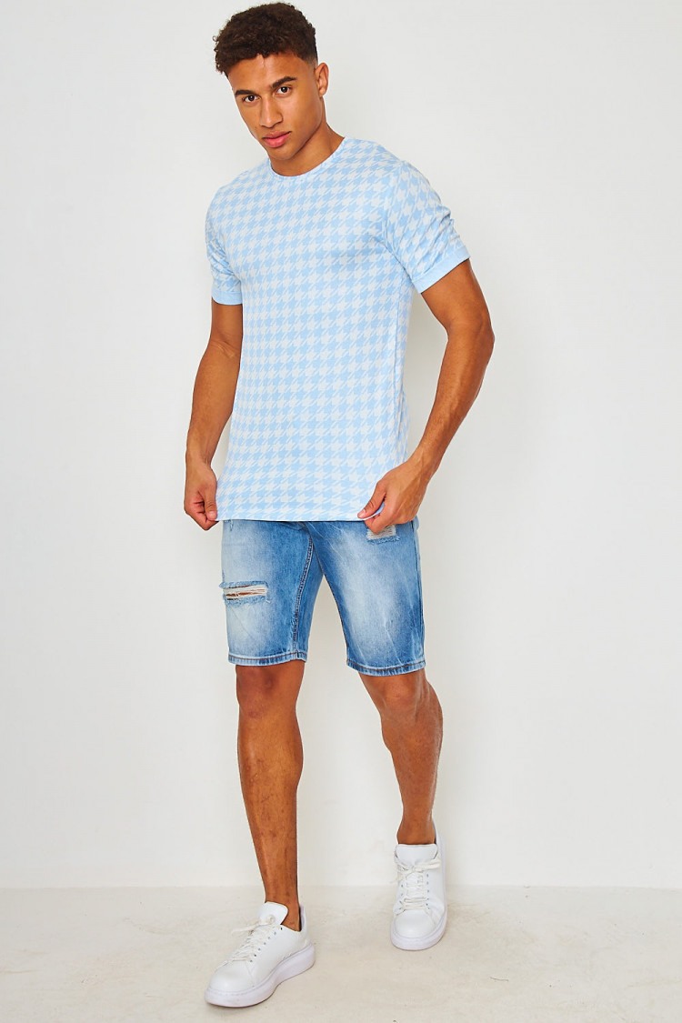 T-shirt bleu motifs pied-de-poule