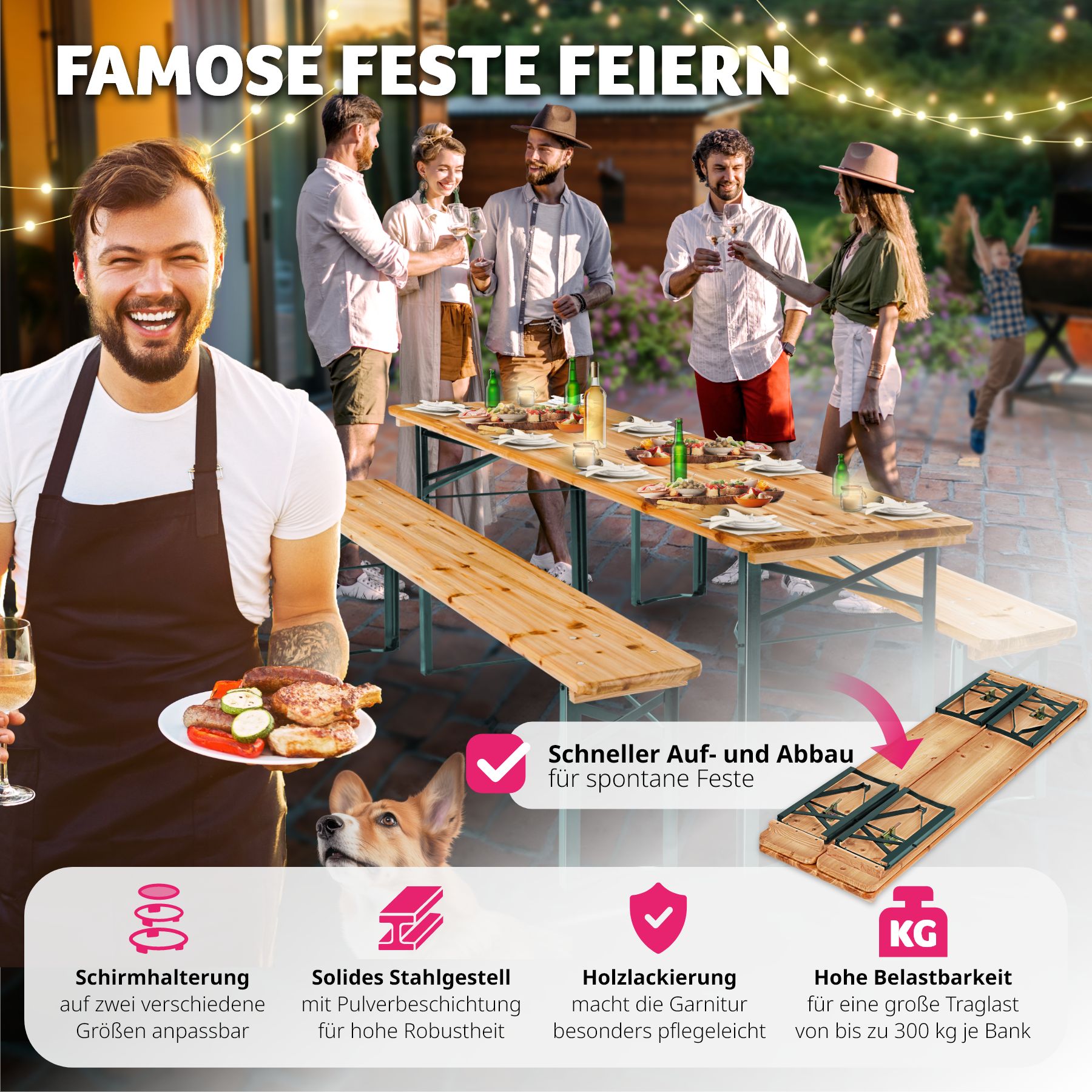 tectake® Bierzeltgarnitur, 3-teilig mit Sonnenschirmhalterung, belastbar, Holzlackierung mit Klarlack