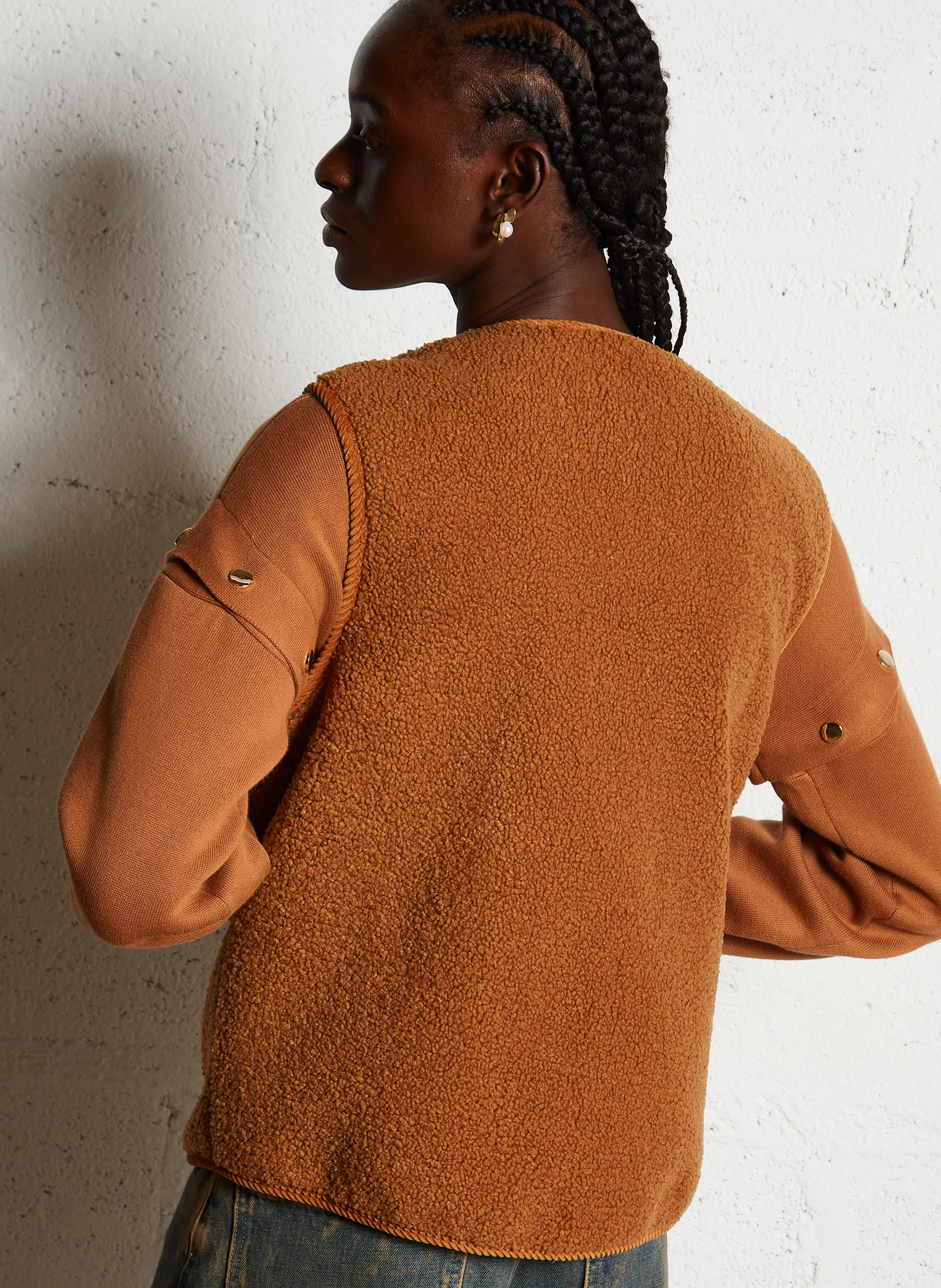 GEOFFROY - Veste col rond ample en fourrure synthétique | Marron